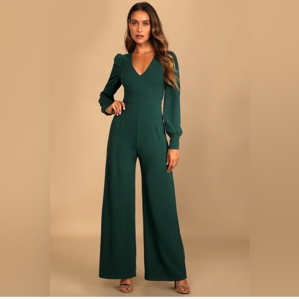 Lulu's Deep Green V-Neck Jumpsuit